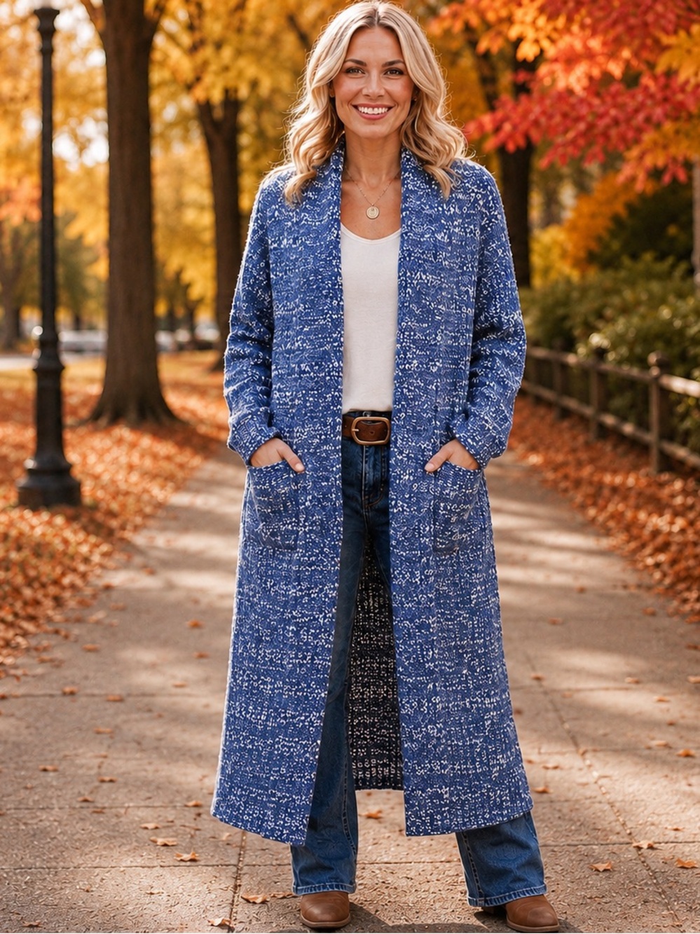 GAP Blue White Marled Long Open-Front Cardigan